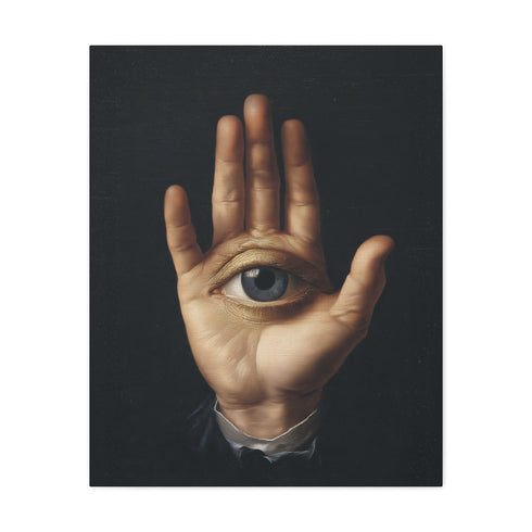 A high-contrast matte canvas print featuring a surrealist artwork. Centered against a dark, textured charcoal background, a realistic, pale hand is held up, palm forward. Embedded in the center of the palm is a detailed, light blue human eye, looking directly at the viewer. The hand emerges from a formal, dark suit cuff with a white ruffled sleeve, adding a touch of vintage, academic style. The overall mood is mysterious, gothic, and scholarly, suitable for dark academia or maximalist decor.